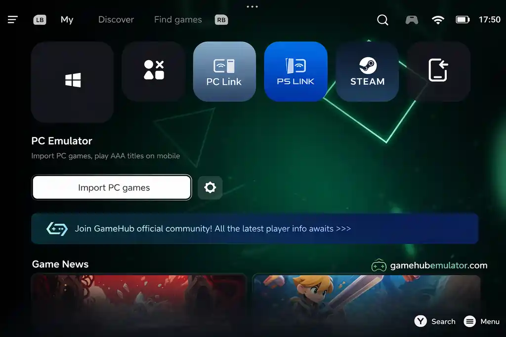 GameHub app screenshots showing home